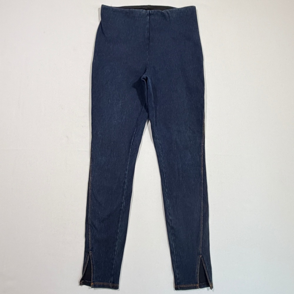 Lysse Womens S Denim Leggings Contrast Stitch Ankle Slit Blue Pull On Jeggings